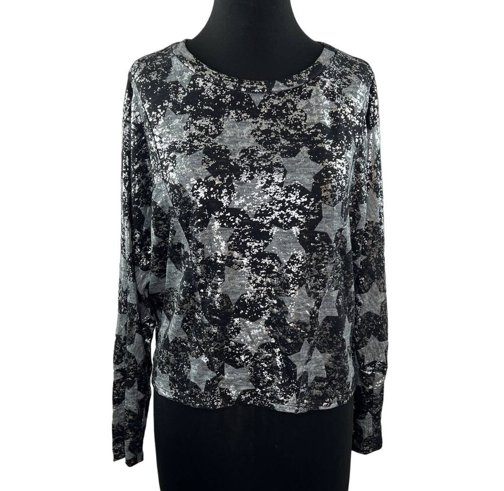 TEREZ Black Silver Long Sleeve Foil Star Print Cropped Pullover Sweater Size S